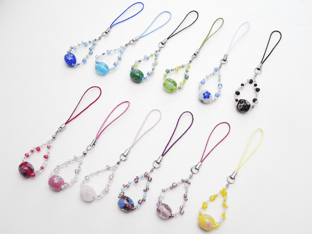 とんぼ玉 ビーズワイヤーストラップ（黄） STW-09｜ハンドメイドの携帯